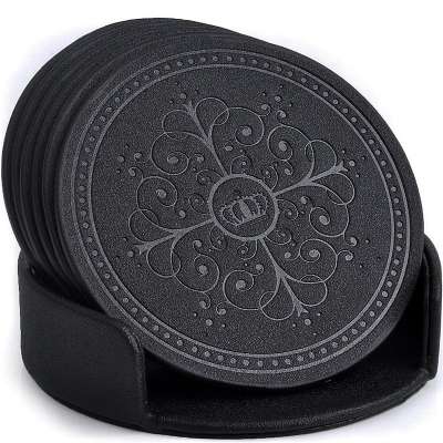 One Set 6pcs Simple Leather Classic Type Faux Leather Drink Coasters with Holder for Coffee Drinks